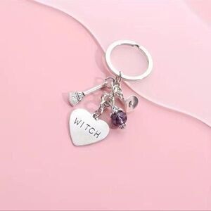 Witch, Keychain with cauldron broom, witch hat, purple beaded, glass, crystal